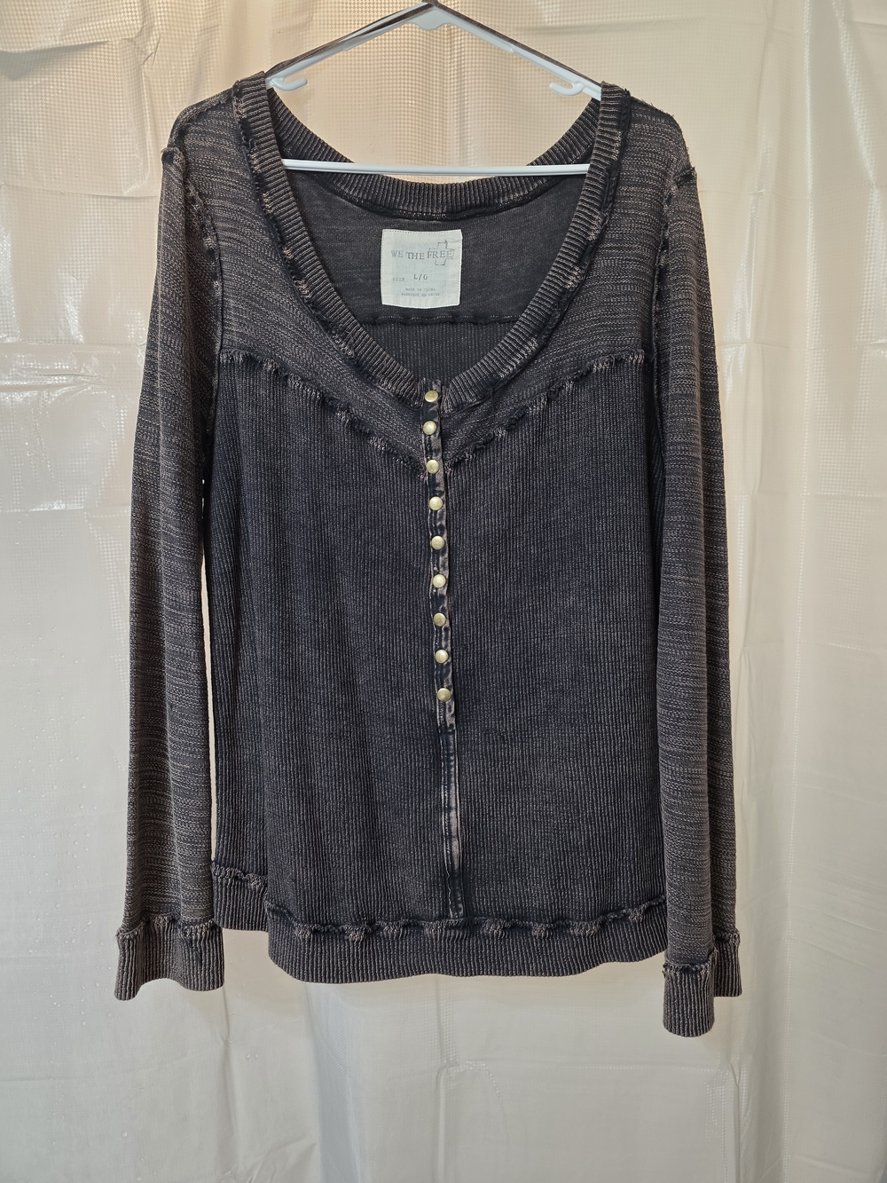 We The Free Charcoal Black Ribbed Long-Sleeve Button Front Top